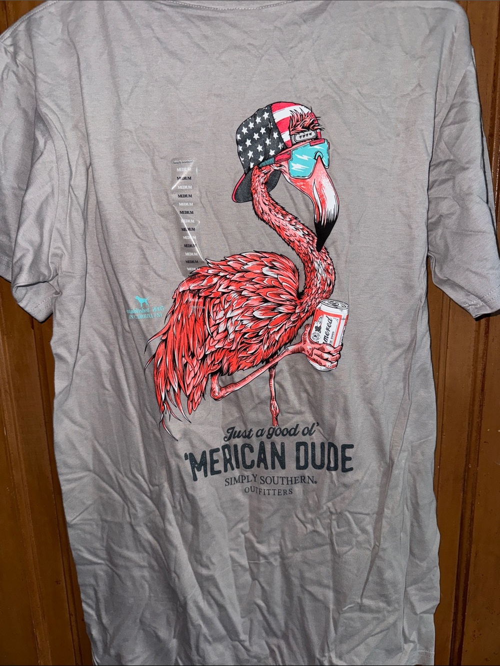 Simply Southern Gray Short‑Sleeve Shirt with Red Flamingo Graphic